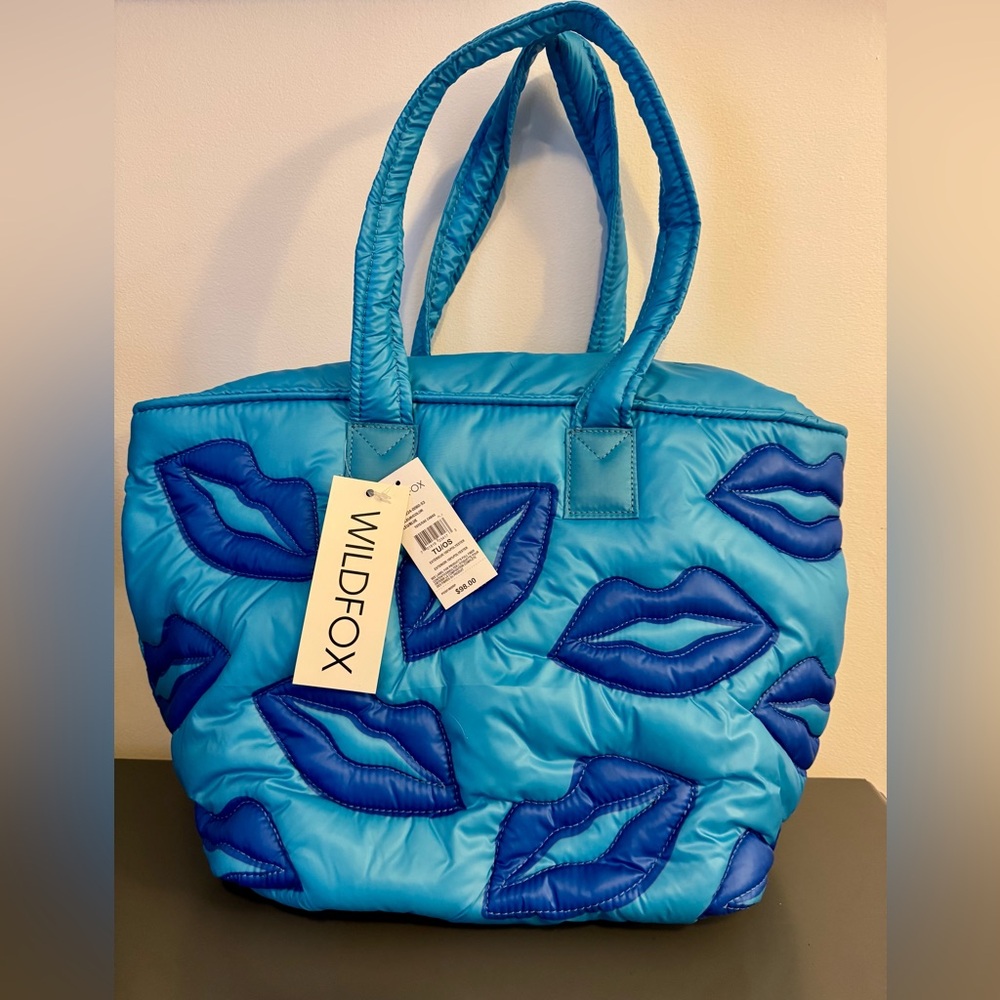 WILDFOX Blue Lips Quilted Puffy Tote Shoulder Bag NWT Retail $98